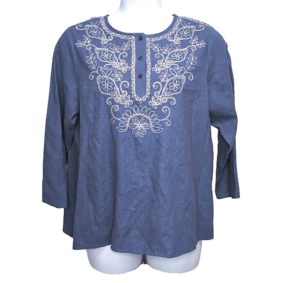 Susan Graver Blouse Top Womens Plus Size 1X Blue Linen Blend Embroidered Boho - Picture 2 of 12